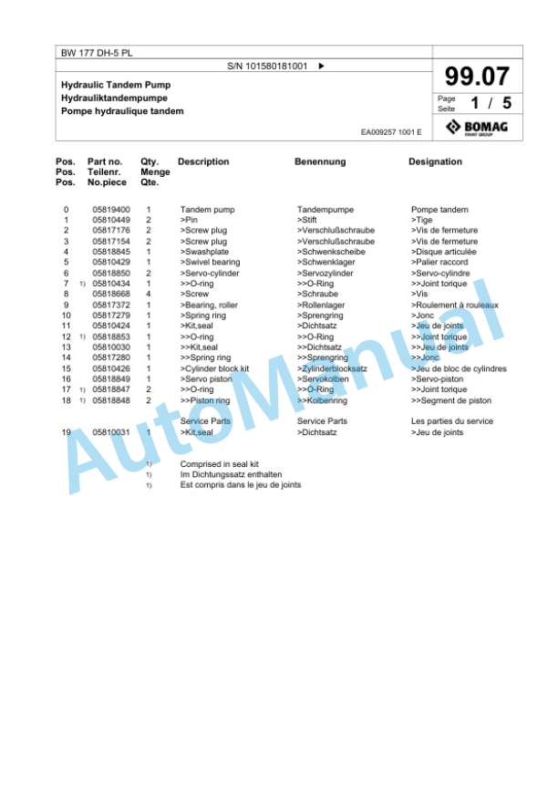 Bomag BW 177 DH-5 PL Single Drum Wheel Drive Vibratory Roller Spare Parts Catalogue 00827077-2
