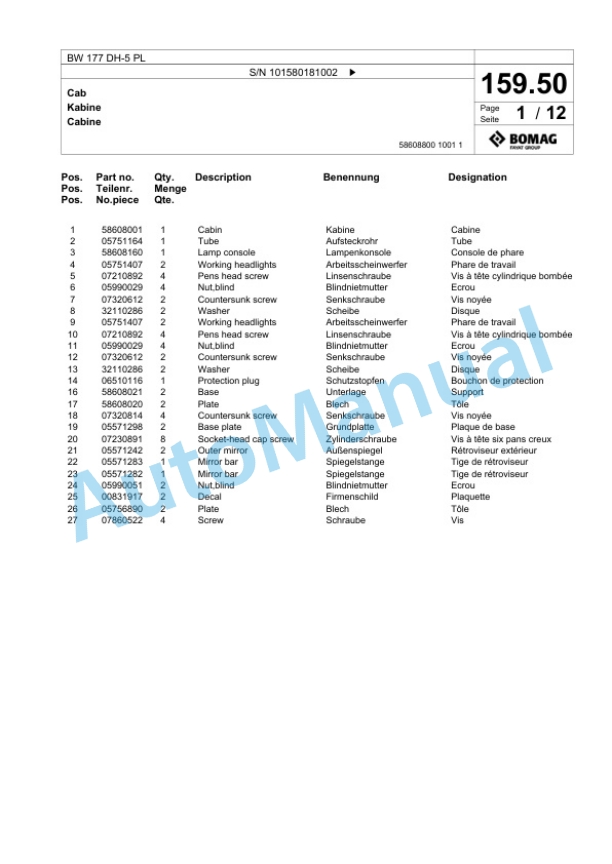 Bomag BW 177 DH-5 PL Single Drum Wheel Drive Vibratory Roller Spare Parts Catalogue 00827077-4