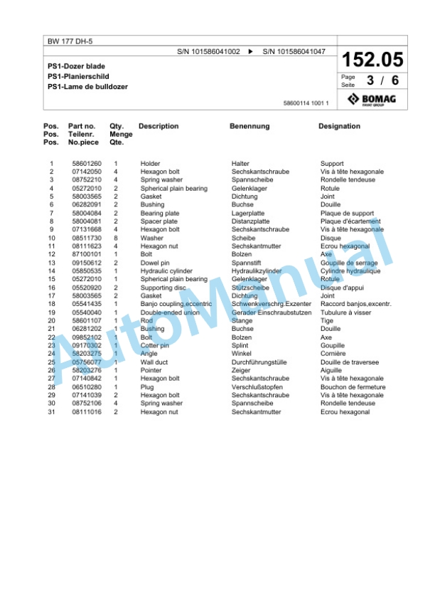Bomag BW 177 DH-5 Single Drum Wheel Drive Vibratory Roller Spare Parts Catalogue 00824475-4