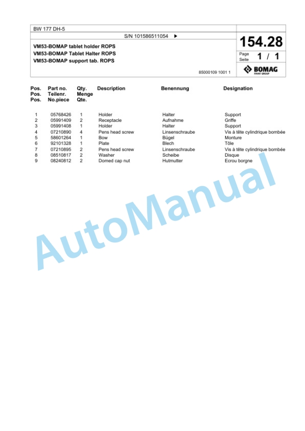 Bomag BW 177 DH-5 Single Drum Wheel Drive Vibratory Roller Spare Parts Catalogue 00824917-3
