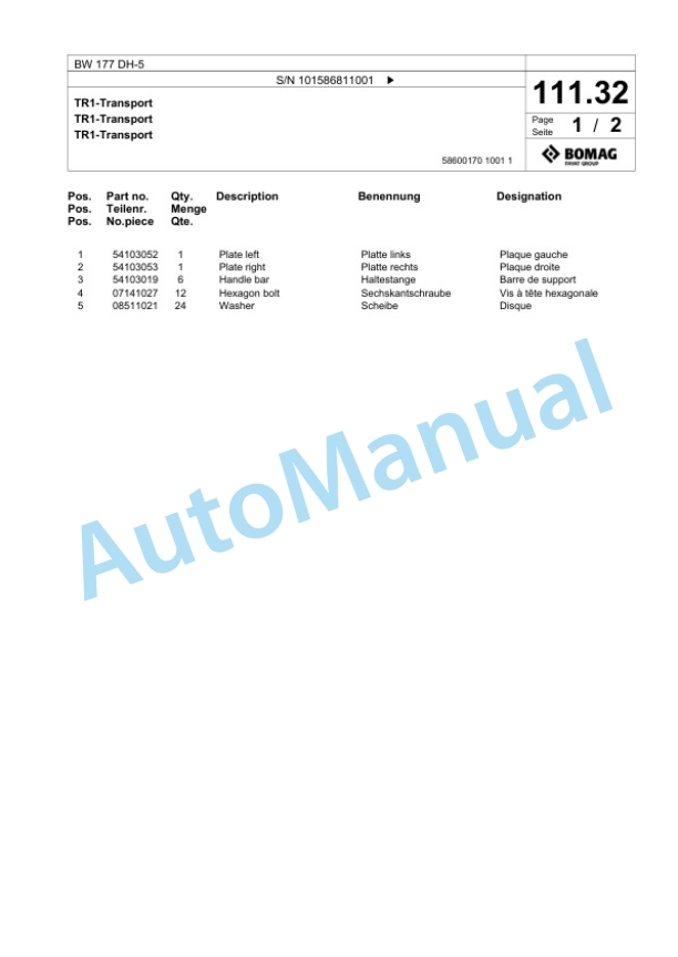 Bomag BW 177 DH-5 Single Drum Wheel Drive Vibratory Roller Spare Parts Catalogue 00825435-3
