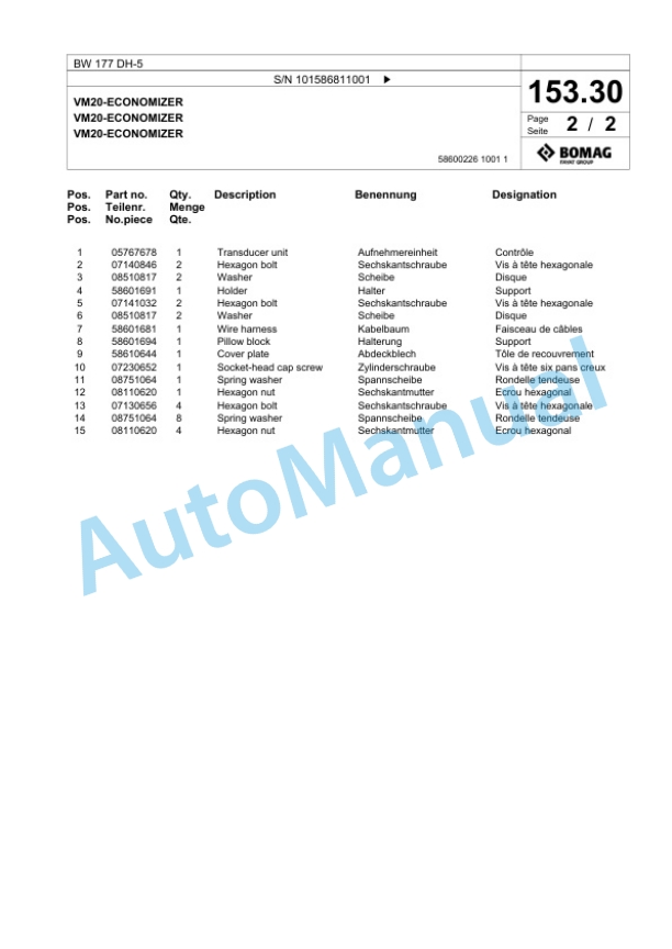 Bomag BW 177 DH-5 Single Drum Wheel Drive Vibratory Roller Spare Parts Catalogue 00825435-5