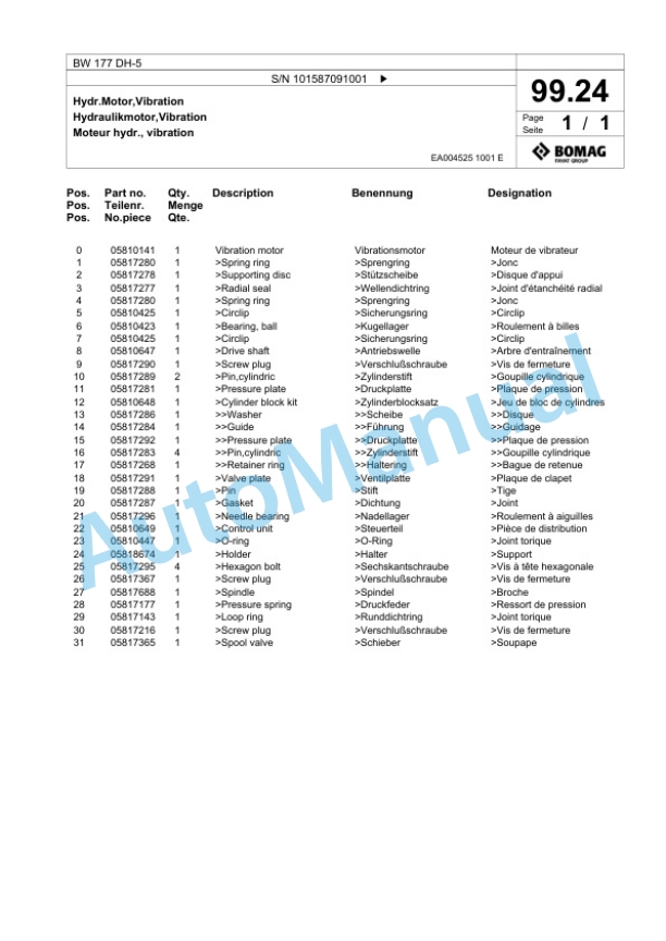 Bomag BW 177 DH-5 Single Drum Wheel Drive Vibratory Roller Spare Parts Catalogue 00825727-2