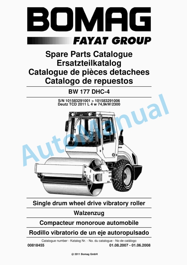 Bomag BW 177 DHC-4 Single Drum Wheel Drive Vibratory Roller Spare Parts Catalogue 00818455