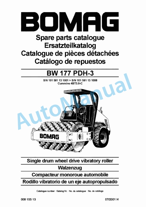 Bomag BW 177 PDH-3 Single Drum Wheel Drive Vibratory Roller Spare Parts Catalogue 00815513