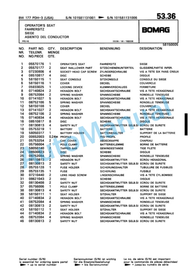 Bomag BW 177 PDH-3 Single Drum Wheel Drive Vibratory Roller Spare Parts Catalogue 00815513-2