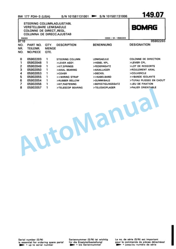 Bomag BW 177 PDH-3 Single Drum Wheel Drive Vibratory Roller Spare Parts Catalogue 00815513-5