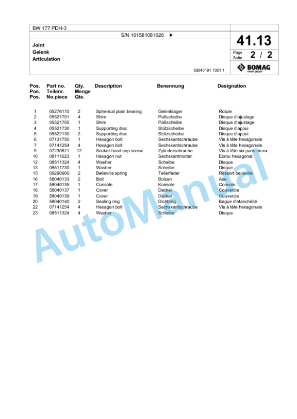 Bomag BW 177 PDH-3 Single Drum Wheel Drive Vibratory Roller Spare Parts Catalogue 00817508-2