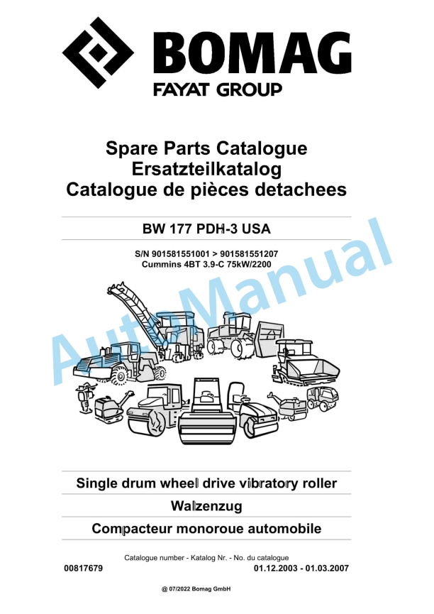 Bomag BW 177 PDH-3 USA Single Drum Wheel Drive Vibratory Roller Spare Parts Catalogue 00817679