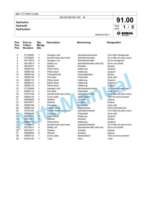 Bomag BW 177 PDH-3 USA Single Drum Wheel Drive Vibratory Roller Spare Parts Catalogue 00817679-2