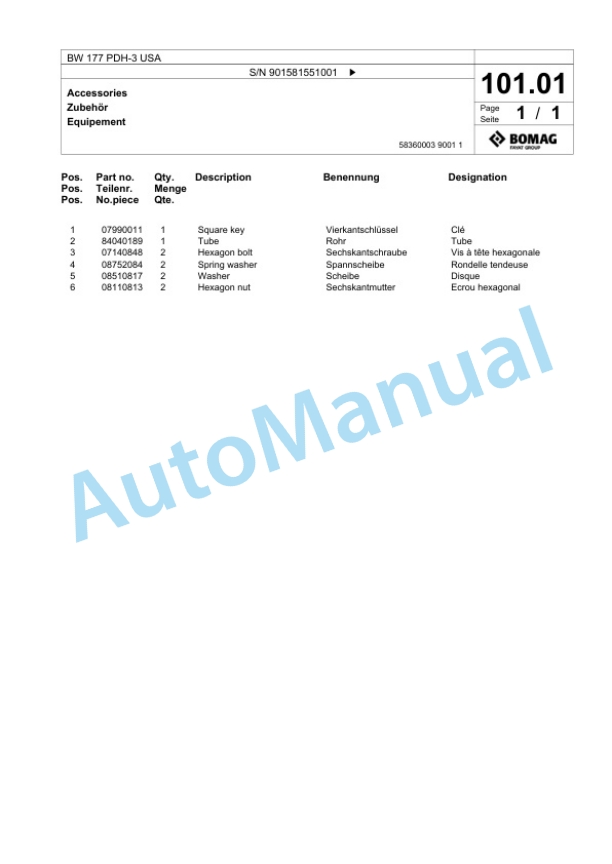 Bomag BW 177 PDH-3 USA Single Drum Wheel Drive Vibratory Roller Spare Parts Catalogue 00817679-3
