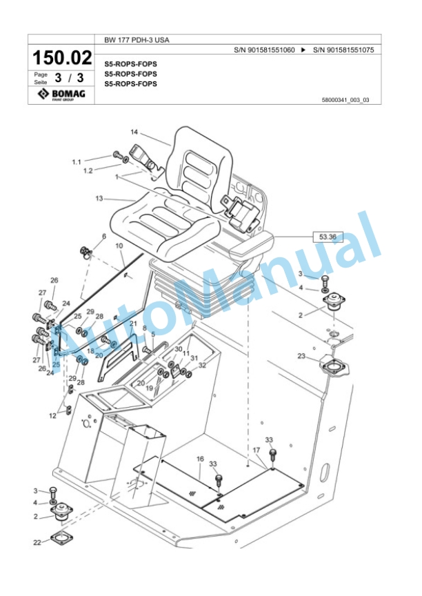 Bomag BW 177 PDH-3 USA Single Drum Wheel Drive Vibratory Roller Spare Parts Catalogue 00817679-4