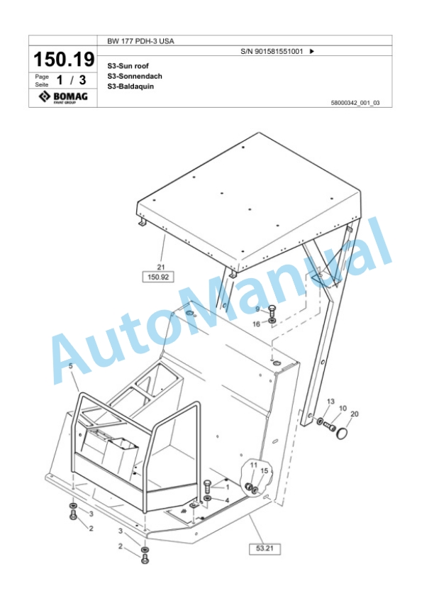 Bomag BW 177 PDH-3 USA Single Drum Wheel Drive Vibratory Roller Spare Parts Catalogue 00817679-5