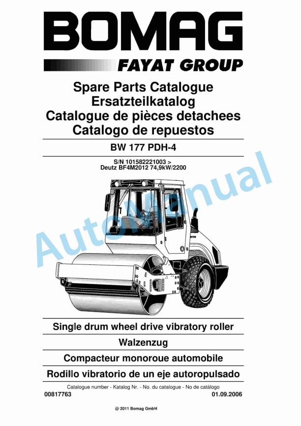 Bomag BW 177 PDH-4 Single Drum Wheel Drive Vibratory Roller Spare Parts Catalogue 00817763