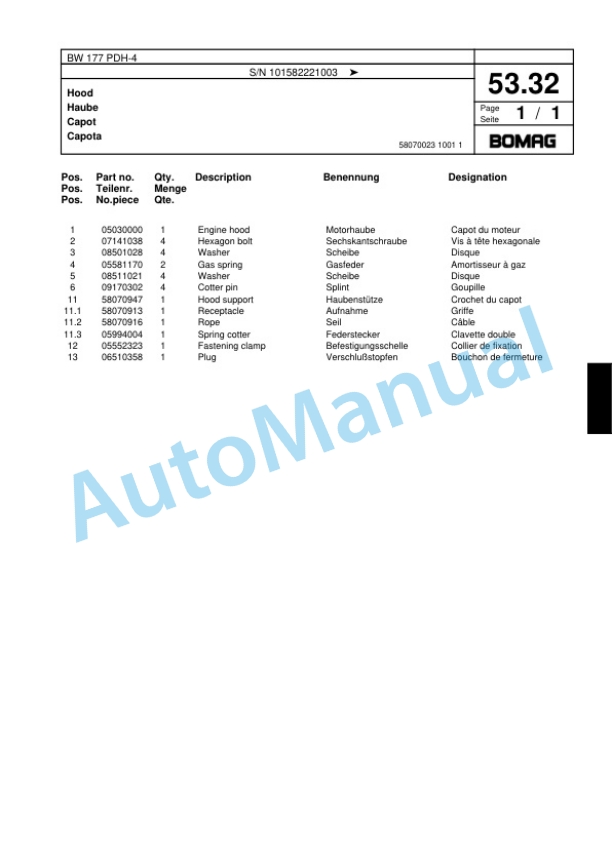 Bomag BW 177 PDH-4 Single Drum Wheel Drive Vibratory Roller Spare Parts Catalogue 00817763-2