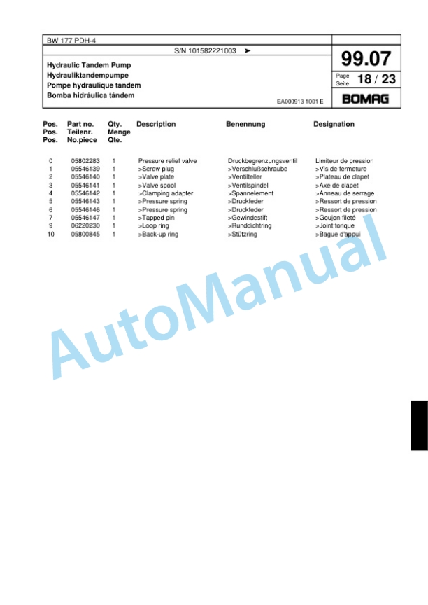 Bomag BW 177 PDH-4 Single Drum Wheel Drive Vibratory Roller Spare Parts Catalogue 00817763-3