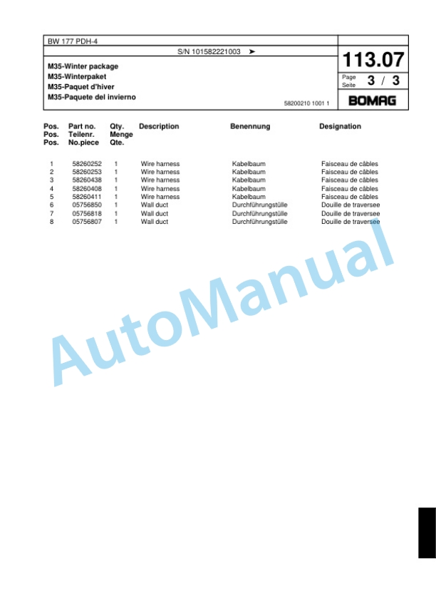 Bomag BW 177 PDH-4 Single Drum Wheel Drive Vibratory Roller Spare Parts Catalogue 00817763-4