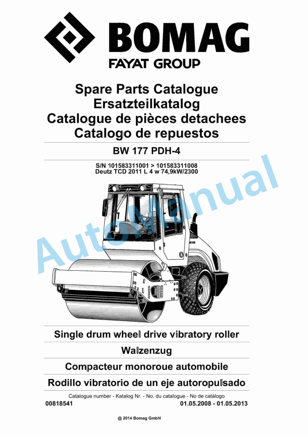 Bomag BW 177 PDH-4 Single Drum Wheel Drive Vibratory Roller Spare Parts Catalogue 00818541