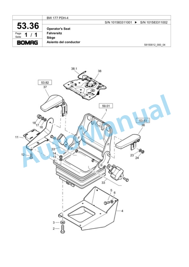 Bomag BW 177 PDH-4 Single Drum Wheel Drive Vibratory Roller Spare Parts Catalogue 00818541-2