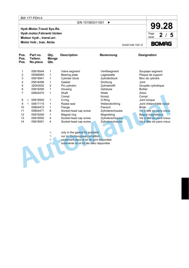 Bomag BW 177 PDH-4 Single Drum Wheel Drive Vibratory Roller Spare Parts Catalogue 00818541-3