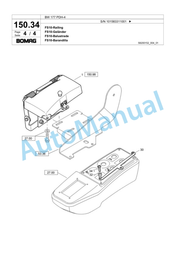 Bomag BW 177 PDH-4 Single Drum Wheel Drive Vibratory Roller Spare Parts Catalogue 00818541-4