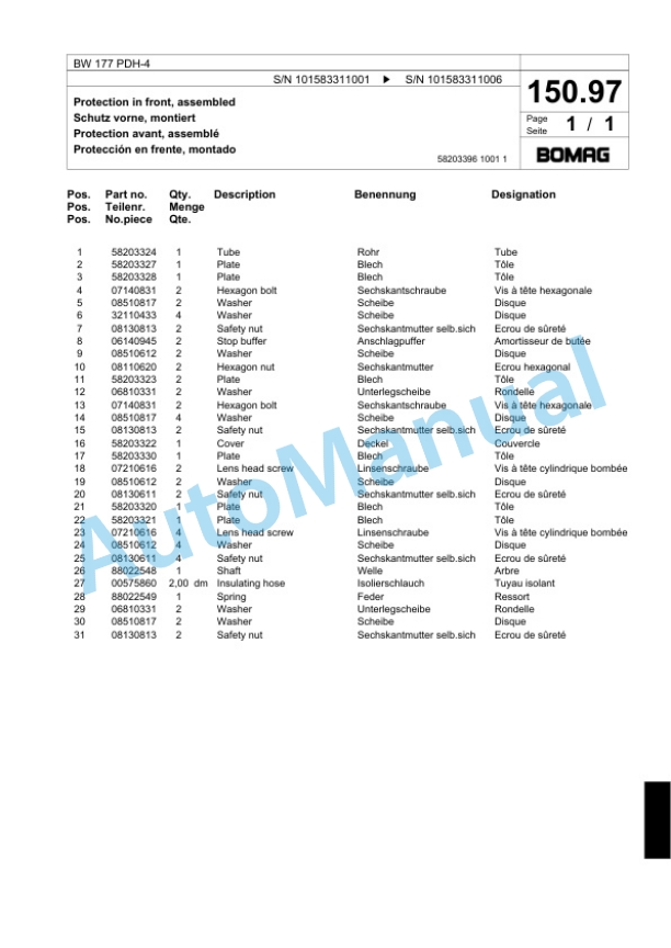 Bomag BW 177 PDH-4 Single Drum Wheel Drive Vibratory Roller Spare Parts Catalogue 00818541-5