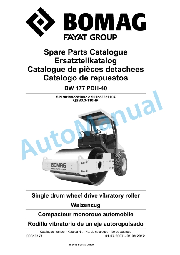 Bomag BW 177 PDH-40 Single Drum Wheel Drive Vibratory Roller Spare Parts Catalogue 00818171