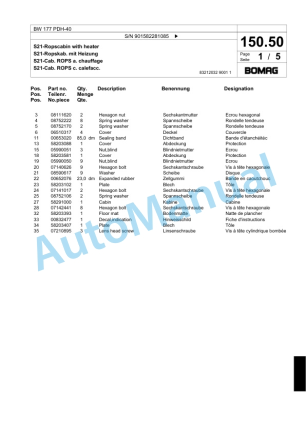 Bomag BW 177 PDH-40 Single Drum Wheel Drive Vibratory Roller Spare Parts Catalogue 00818171-3
