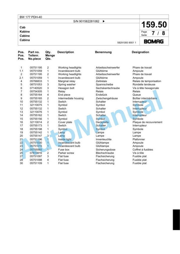 Bomag BW 177 PDH-40 Single Drum Wheel Drive Vibratory Roller Spare Parts Catalogue 00818171-5