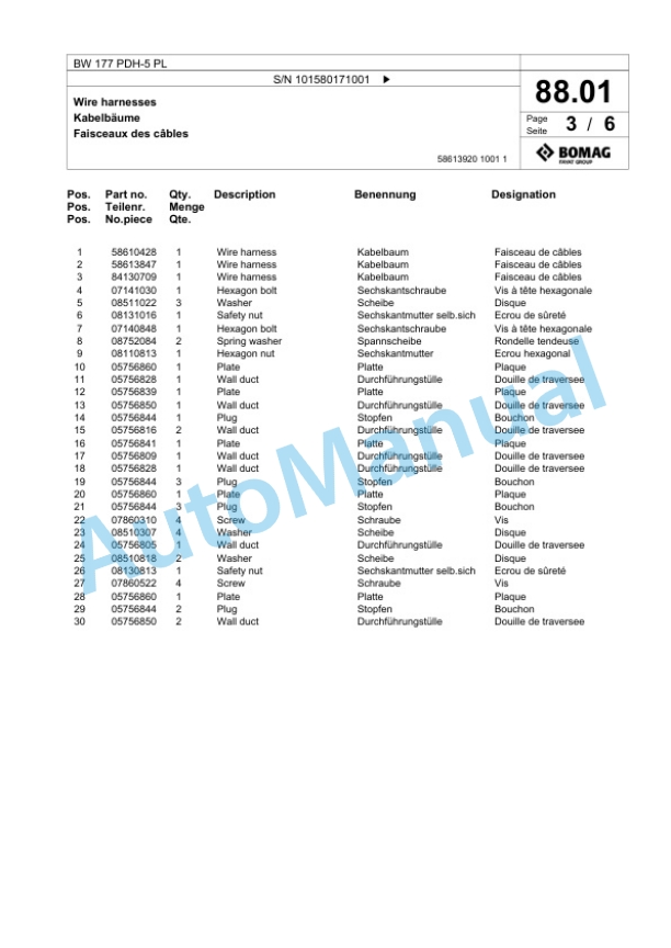 Bomag BW 177 PDH-5 PL Single Drum Wheel Drive Vibratory Roller Spare Parts Catalogue 00827075-2