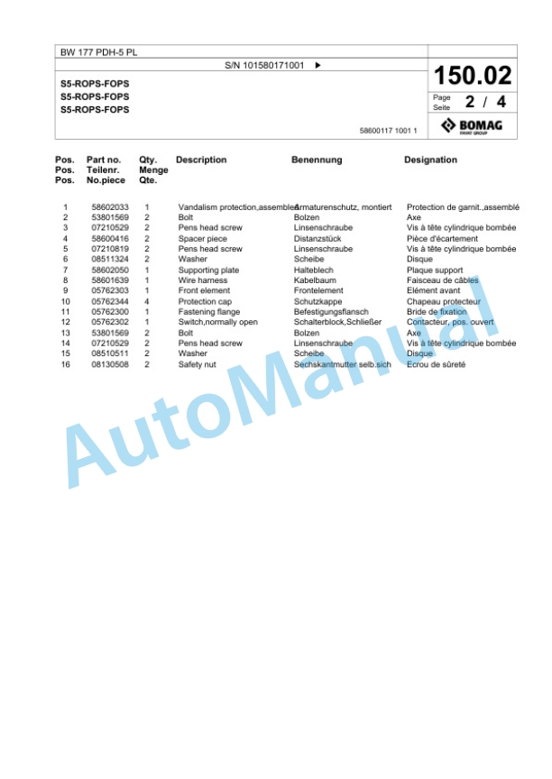 Bomag BW 177 PDH-5 PL Single Drum Wheel Drive Vibratory Roller Spare Parts Catalogue 00827075-3