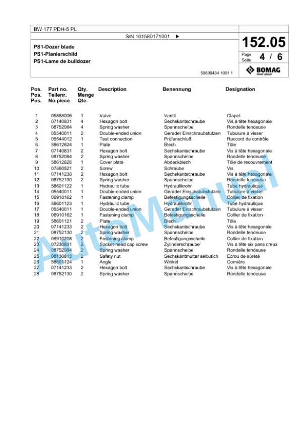 Bomag BW 177 PDH-5 PL Single Drum Wheel Drive Vibratory Roller Spare Parts Catalogue 00827075-4
