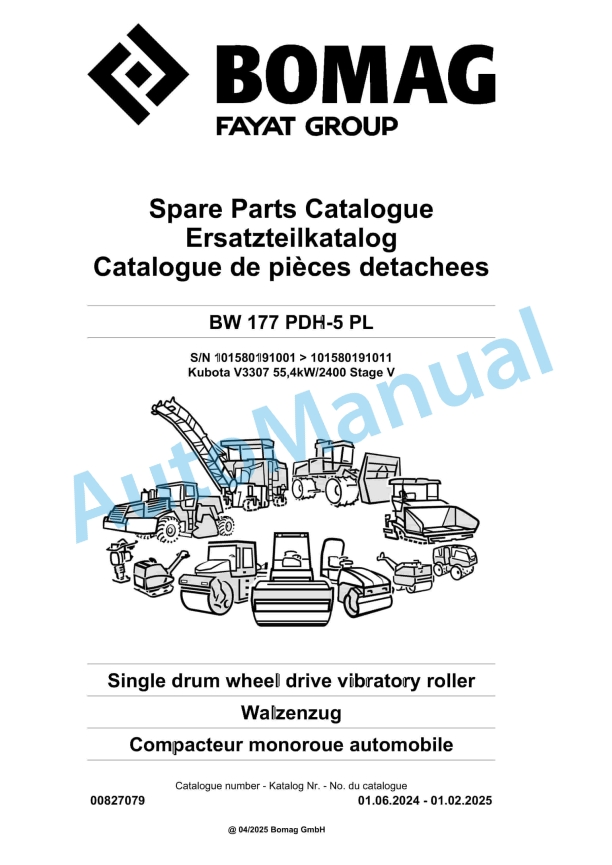 Bomag BW 177 PDH-5 PL Single Drum Wheel Drive Vibratory Roller Spare Parts Catalogue 00827079