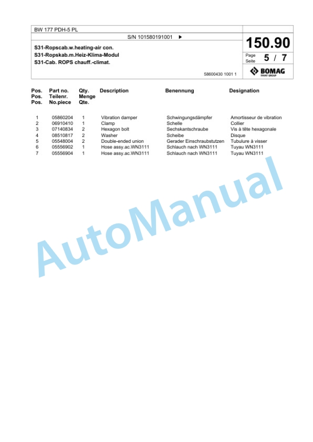Bomag BW 177 PDH-5 PL Single Drum Wheel Drive Vibratory Roller Spare Parts Catalogue 00827079-3