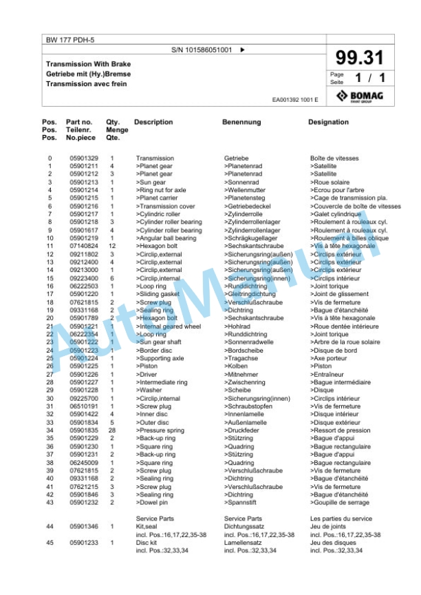 Bomag BW 177 PDH-5 Single Drum Wheel Drive Vibratory Roller Spare Parts Catalogue 00824477-2