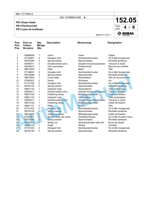 Bomag BW 177 PDH-5 Single Drum Wheel Drive Vibratory Roller Spare Parts Catalogue 00824477-3