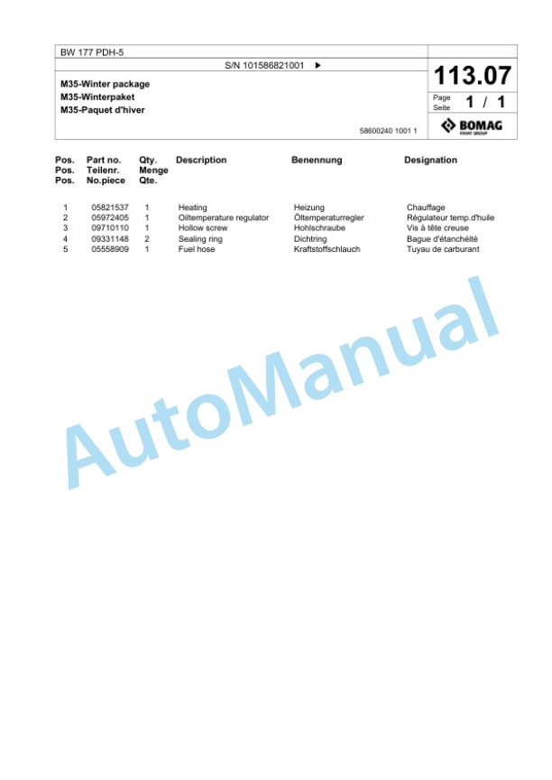 Bomag BW 177 PDH-5 Single Drum Wheel Drive Vibratory Roller Spare Parts Catalogue 00825437-3