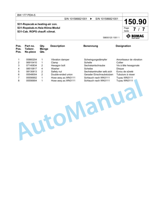 Bomag BW 177 PDH-5 Single Drum Wheel Drive Vibratory Roller Spare Parts Catalogue 00825437-4