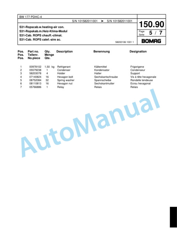 Bomag BW 177 PDHC-4 Single Drum Wheel Drive Vibratory Roller Spare Parts Catalogue 00818283-4