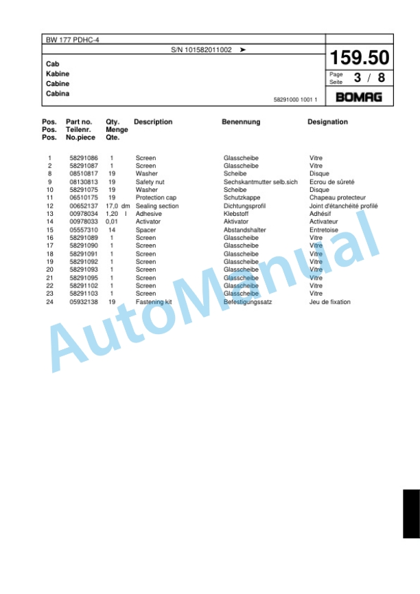 Bomag BW 177 PDHC-4 Single Drum Wheel Drive Vibratory Roller Spare Parts Catalogue 00818283-5