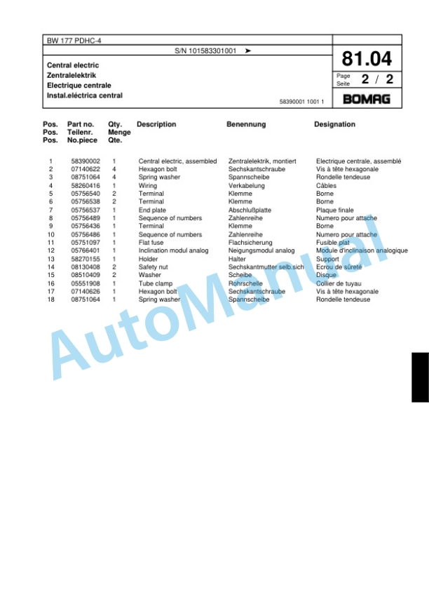 Bomag BW 177 PDHC-4 Single Drum Wheel Drive Vibratory Roller Spare Parts Catalogue 00818539-2