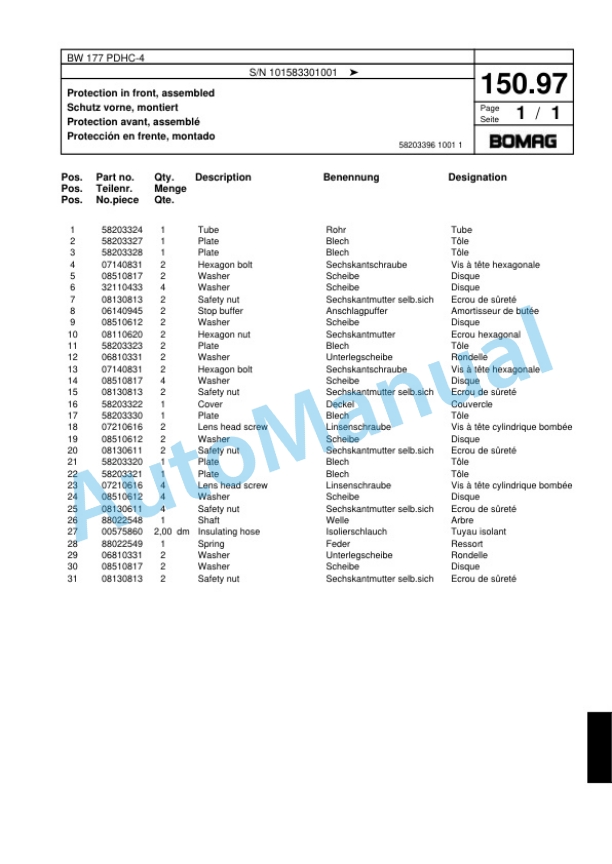 Bomag BW 177 PDHC-4 Single Drum Wheel Drive Vibratory Roller Spare Parts Catalogue 00818539-4