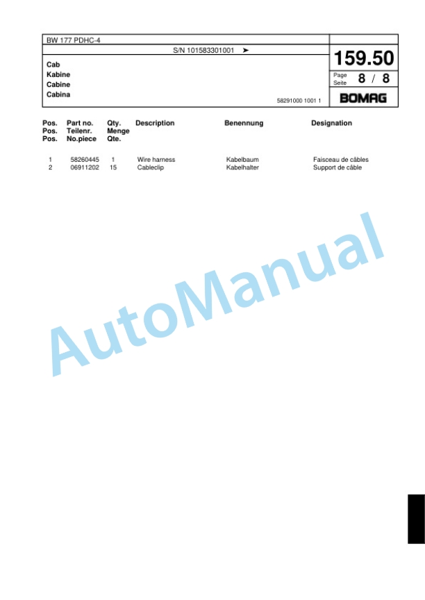 Bomag BW 177 PDHC-4 Single Drum Wheel Drive Vibratory Roller Spare Parts Catalogue 00818539-5