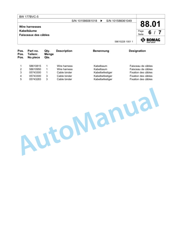 Bomag BW 177BVC-5 Single Drum Wheel Drive Vibratory Roller Spare Parts Catalogue 00824479-2