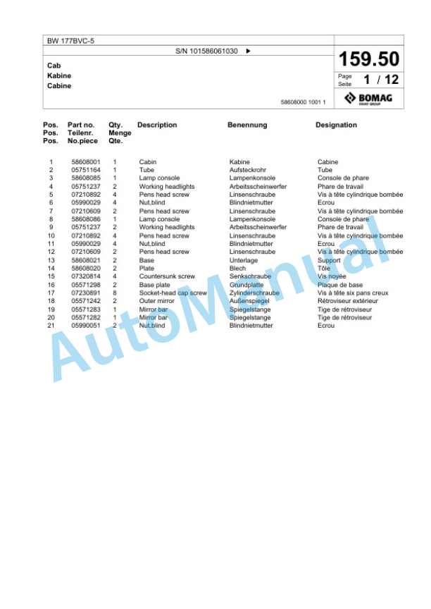 Bomag BW 177BVC-5 Single Drum Wheel Drive Vibratory Roller Spare Parts Catalogue 00824479-5