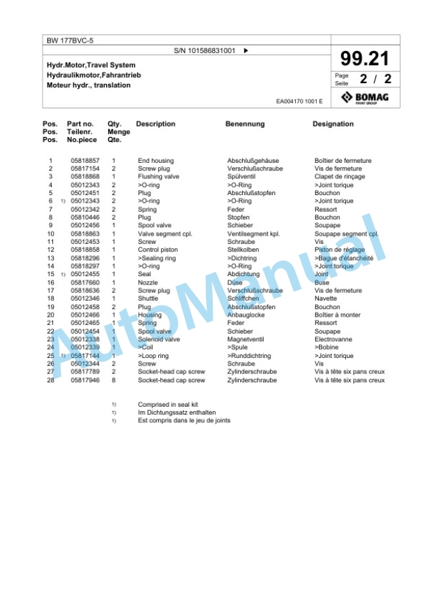 Bomag BW 177BVC-5 Single Drum Wheel Drive Vibratory Roller Spare Parts Catalogue 00825439-3
