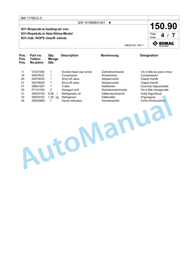 Bomag BW 177BVC-5 Single Drum Wheel Drive Vibratory Roller Spare Parts Catalogue 00825439-5