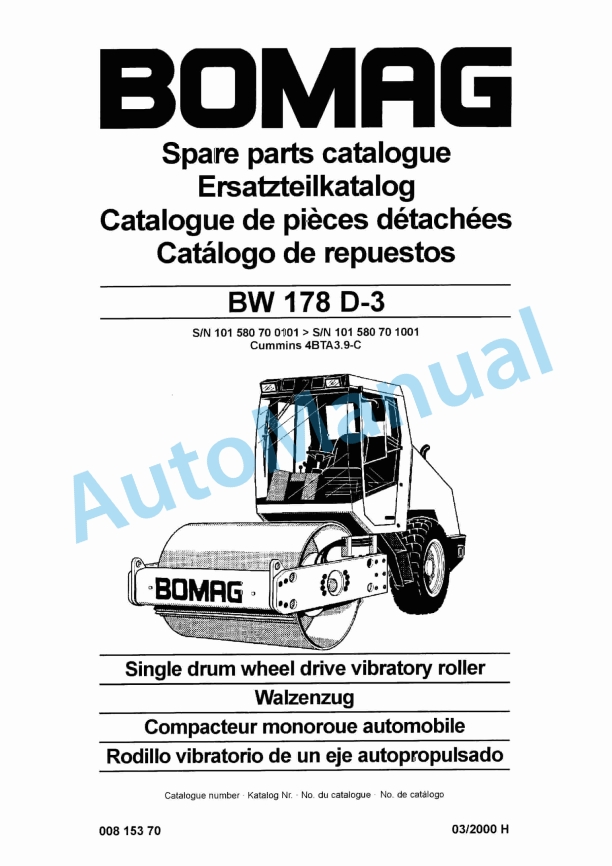 Bomag BW 178 D-3 Single Drum Wheel Drive Vibratory Roller Spare Parts Catalogue 00815370