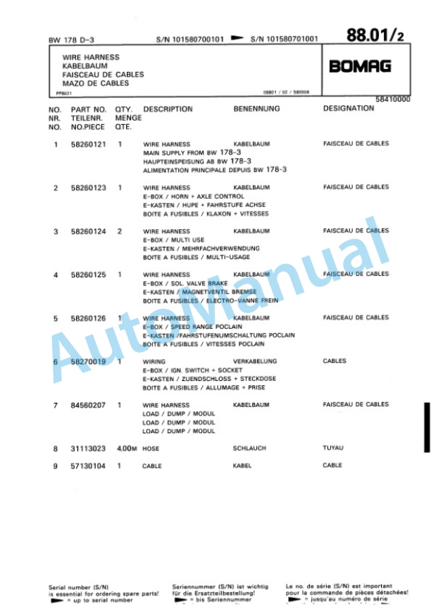 Bomag BW 178 D-3 Single Drum Wheel Drive Vibratory Roller Spare Parts Catalogue 00815370-2