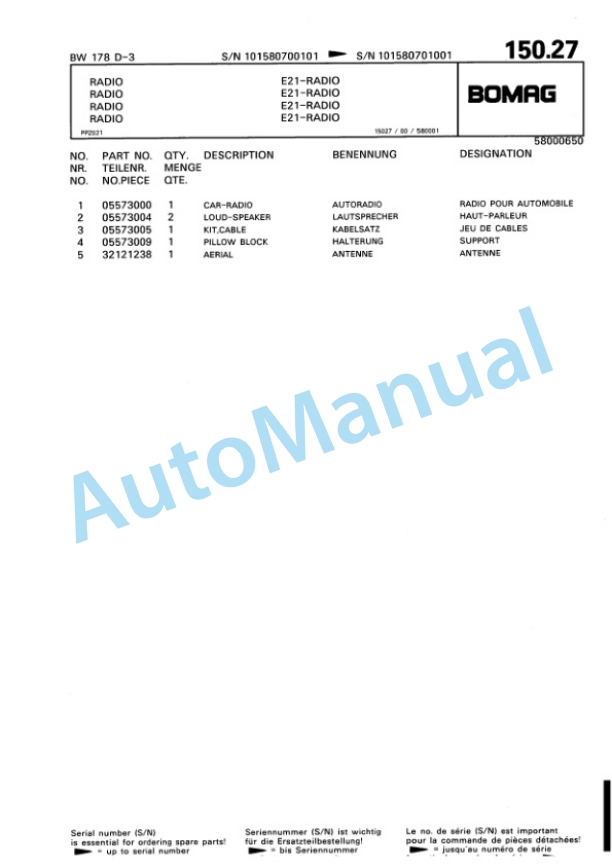Bomag BW 178 D-3 Single Drum Wheel Drive Vibratory Roller Spare Parts Catalogue 00815370-3